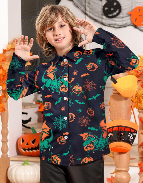 Load image into Gallery viewer, Halloween Dinosaur Shirt Boys 11-12 Long Sleeve Pumpkin Button Up
