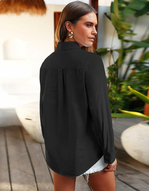 Load image into Gallery viewer, Siliteelon Women's Linen Button Down Shirt Black Long Sleeve Casual Size 2XL
