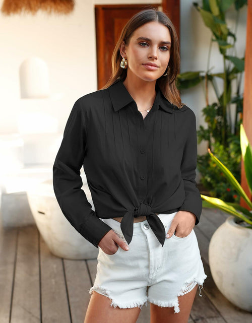 Load image into Gallery viewer, Siliteelon Women's Linen Button Down Shirt Black Long Sleeve Casual Size 2XL
