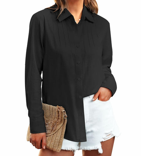 Siliteelon Women's Linen Button Down Shirt Black Long Sleeve Casual Size 2XL