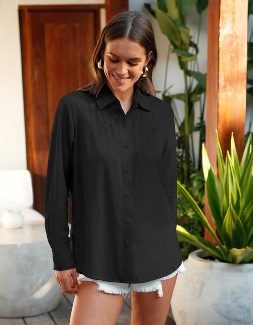 Load image into Gallery viewer, Siliteelon Women's Linen Button Down Shirt Black Long Sleeve Casual Size 2XL

