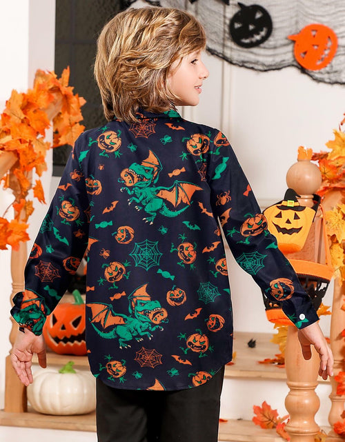 Load image into Gallery viewer, Halloween Dinosaur Shirt Boys 11-12 Long Sleeve Pumpkin Button Up
