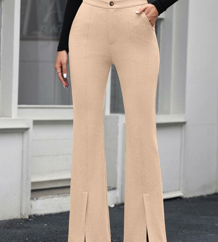 EVALESS Womens Flared Dress Pants Beige XL Slim High Waisted Pockets