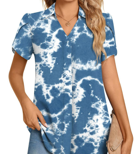 Aodemo Women's Blue Tie Dye Chiffon Blouse V Neck Short Sleeve Size XL