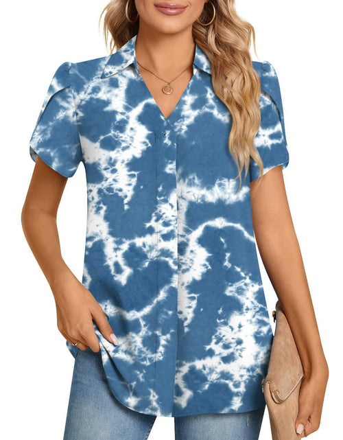 Load image into Gallery viewer, Aodemo Women's Blue Tie Dye Chiffon Blouse V Neck Short Sleeve Size XL

