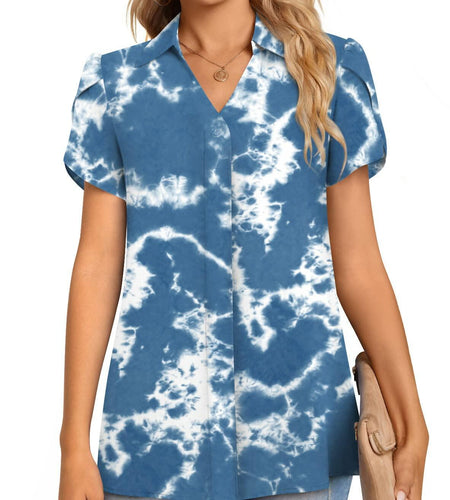 Aodemo Women's Blue Tie Dye Chiffon Blouse V Neck Short Sleeve Size XL