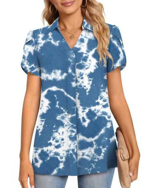 Load image into Gallery viewer, Aodemo Women's Blue Tie Dye Chiffon Blouse V Neck Short Sleeve Size XL
