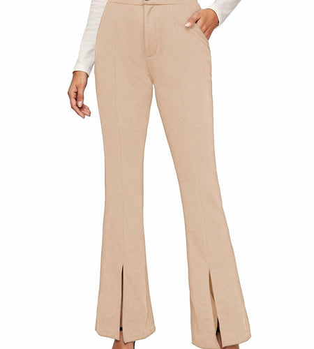 EVALESS Womens Flared Dress Pants Beige XL Slim High Waisted Pockets