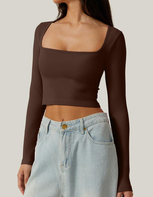 Load image into Gallery viewer, Meyeeka Women's Cinnamon Seamless Cropped Yoga Top Long Sleeve Square Neck - L
