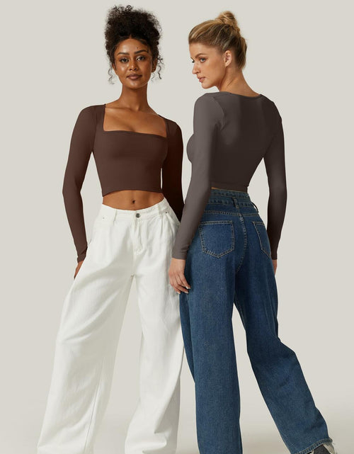 Load image into Gallery viewer, Meyeeka Women's Cinnamon Seamless Cropped Yoga Top Long Sleeve Square Neck - L
