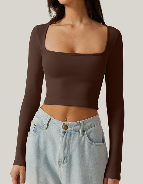 Load image into Gallery viewer, Meyeeka Women's Cinnamon Seamless Cropped Yoga Top Long Sleeve Square Neck - L
