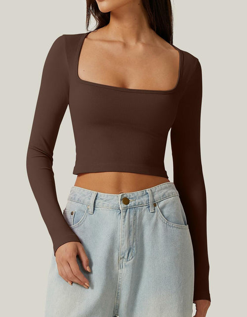 Load image into Gallery viewer, Meyeeka Women's Cinnamon Seamless Cropped Yoga Top Long Sleeve Square Neck - L
