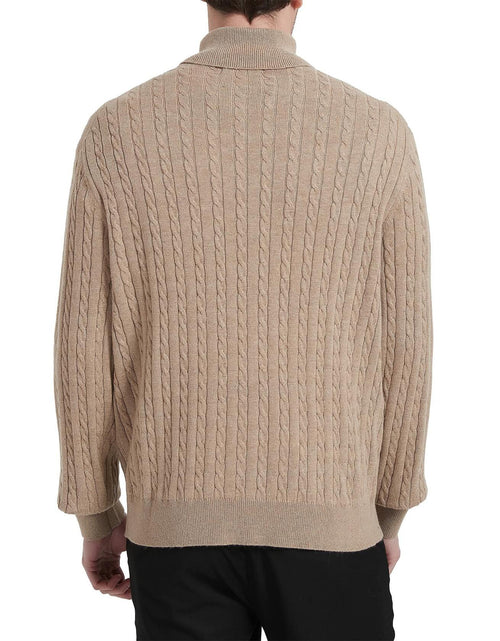 Load image into Gallery viewer, Kallspin Men's Wool Blend Cable-Knit Turtle Neck Sweater Coffee Size L
