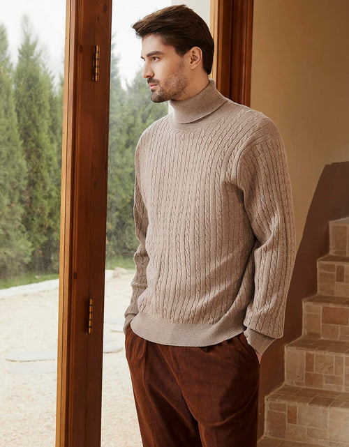 Load image into Gallery viewer, Kallspin Men's Wool Blend Cable-Knit Turtle Neck Sweater Coffee Size L
