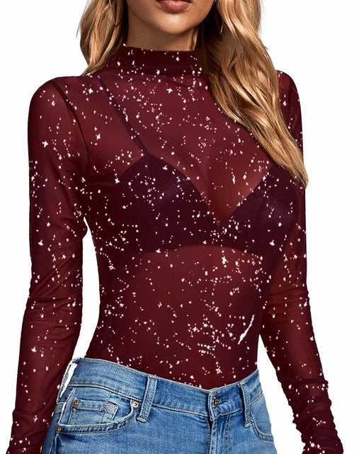 Load image into Gallery viewer, Rooscier Women's Sheer Mesh Mock Neck Long Sleeve Slim Fit Top Red Size M
