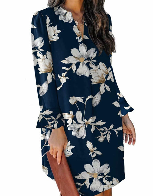 Load image into Gallery viewer, QACOHU V-Neck Mini Dress Blue Flower Long Sleeve Size S
