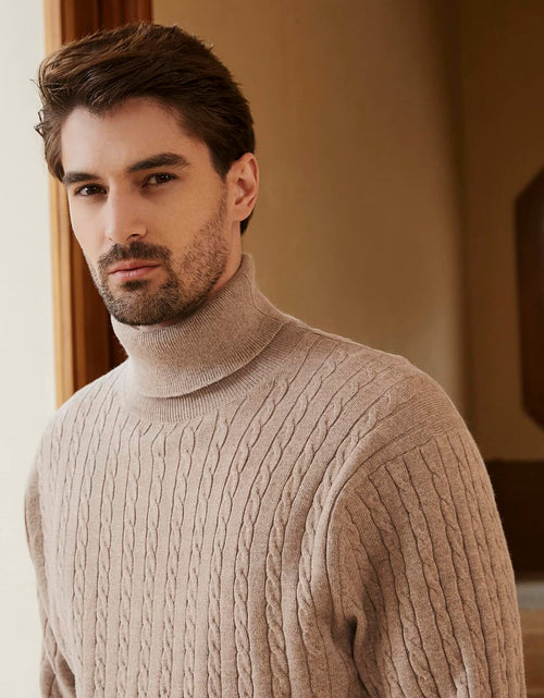 Load image into Gallery viewer, Kallspin Men's Wool Blend Cable-Knit Turtle Neck Sweater Coffee Size L
