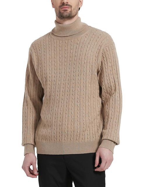 Load image into Gallery viewer, Kallspin Men's Wool Blend Cable-Knit Turtle Neck Sweater Coffee Size L
