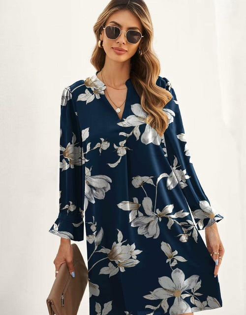 Load image into Gallery viewer, QACOHU V-Neck Mini Dress Blue Flower Long Sleeve Size S
