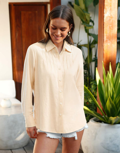 Load image into Gallery viewer, Siliteelon Linen Button Down Shirt Women L Beige Casual Long Sleeve Summer Top
