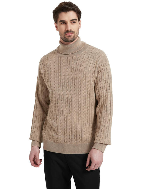 Load image into Gallery viewer, Kallspin Men's Wool Blend Cable-Knit Turtle Neck Sweater Coffee Size L
