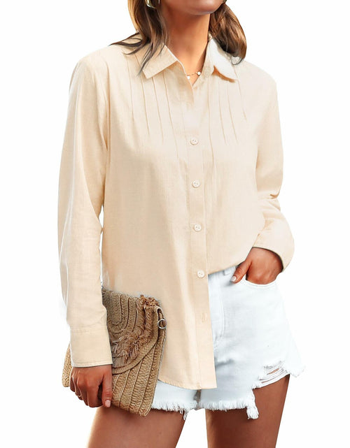 Load image into Gallery viewer, Siliteelon Linen Button Down Shirt Women L Beige Casual Long Sleeve Summer Top
