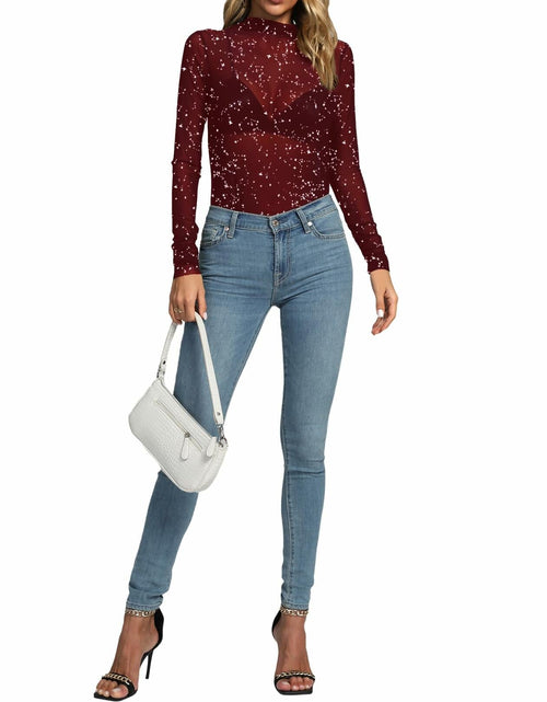 Load image into Gallery viewer, Rooscier Women's Sheer Mesh Mock Neck Long Sleeve Slim Fit Top Red Size M
