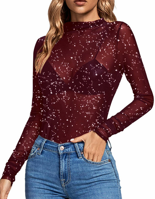 Load image into Gallery viewer, Rooscier Women's Sheer Mesh Mock Neck Long Sleeve Slim Fit Top Red Size M
