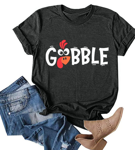 Thanksgiving Shirt Women M Gobble Gobble Pumpkin Turkey Graphic Tee