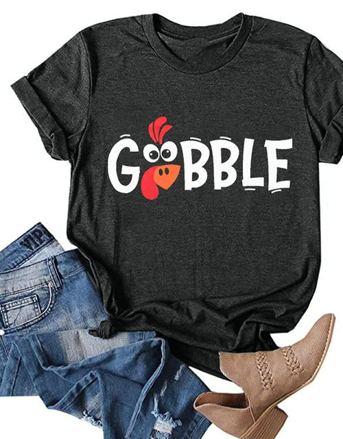 Load image into Gallery viewer, Thanksgiving Shirt Women M Gobble Gobble Pumpkin Turkey Graphic Tee
