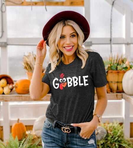 Thanksgiving Shirt Women M Gobble Gobble Pumpkin Turkey Graphic Tee