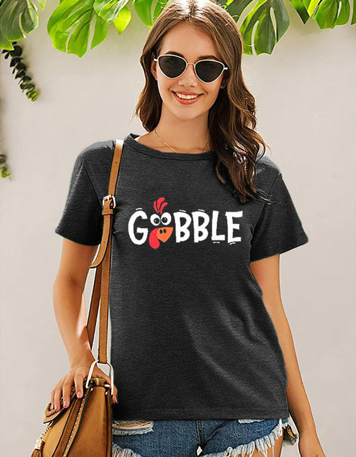 Load image into Gallery viewer, Thanksgiving Shirt Women M Gobble Gobble Pumpkin Turkey Graphic Tee
