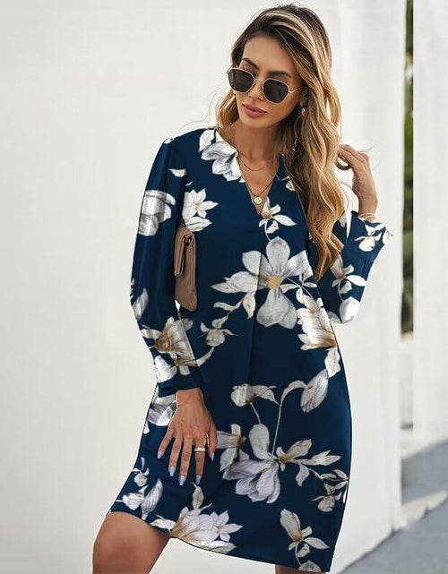 Load image into Gallery viewer, QACOHU V-Neck Mini Dress Blue Flower Long Sleeve Size S
