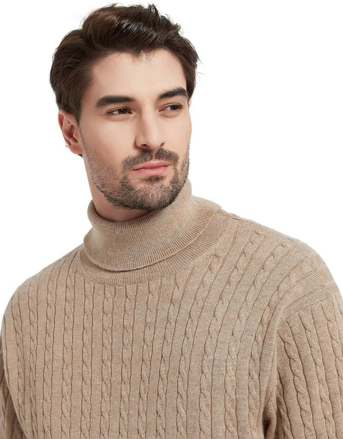 Load image into Gallery viewer, Kallspin Men's Wool Blend Cable-Knit Turtle Neck Sweater Coffee Size L
