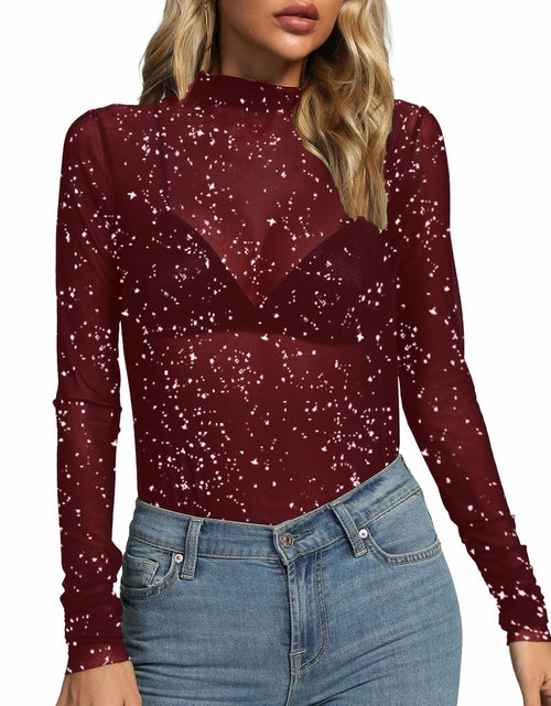 Load image into Gallery viewer, Rooscier Women's Sheer Mesh Mock Neck Long Sleeve Slim Fit Top Red Size M
