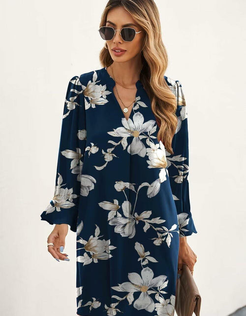 Load image into Gallery viewer, QACOHU V-Neck Mini Dress Blue Flower Long Sleeve Size S
