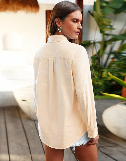 Load image into Gallery viewer, Siliteelon Linen Button Down Shirt Women L Beige Casual Long Sleeve Summer Top

