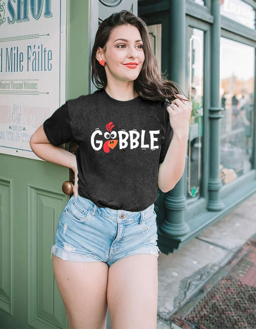 Load image into Gallery viewer, Thanksgiving Shirt Women M Gobble Gobble Pumpkin Turkey Graphic Tee
