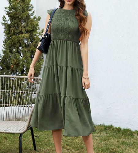 ZOOMOON Women's Maxi Dress Smocked Waist Army Green - Size XL