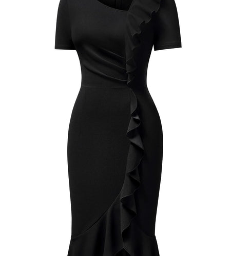 AISIZE Women's Vintage V-Neck Ruffle Slit Bodycon Dress Black Size L
