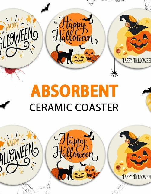 Load image into Gallery viewer, Bribay Halloween Pumpkin Cat Coasters Set of 6 Ceramic Stone Mat Cork Base
