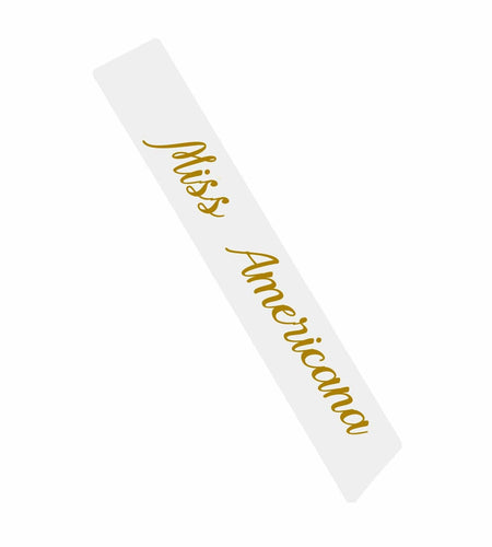Vrogadso Miss Americana White Satin Sash Gold Glitter Letters