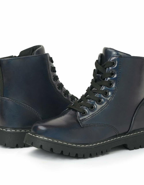 Load image into Gallery viewer, firelli Kids Ankle Boots Navy Side Zipper Lace Up Combat Boots Size 1 US
