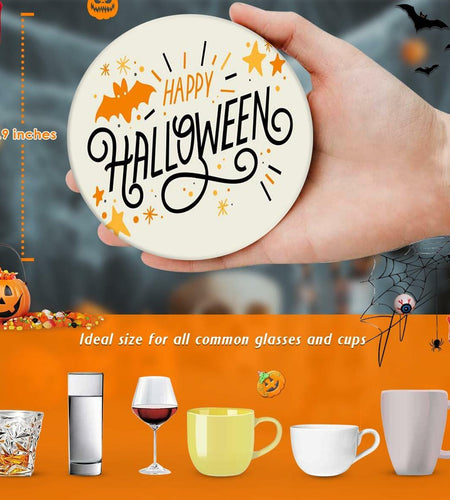 Bribay Halloween Pumpkin Cat Coasters Set of 6 Ceramic Stone Mat Cork Base