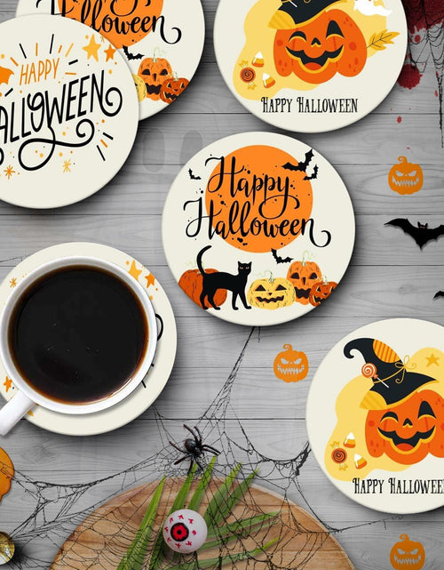 Load image into Gallery viewer, Bribay Halloween Pumpkin Cat Coasters Set of 6 Ceramic Stone Mat Cork Base
