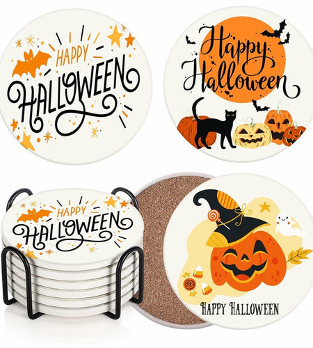 Bribay Halloween Pumpkin Cat Coasters Set of 6 Ceramic Stone Mat Cork Base