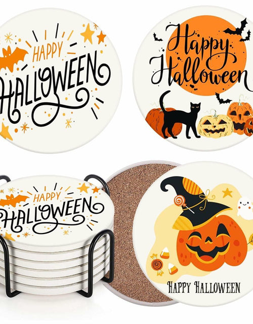 Load image into Gallery viewer, Bribay Halloween Pumpkin Cat Coasters Set of 6 Ceramic Stone Mat Cork Base
