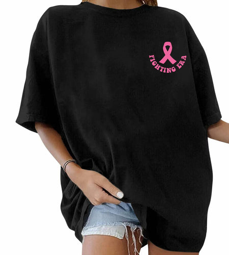 Pingyongchang Breast Cancer Awareness Oversize T-Shirt Women Black L Graphic Top