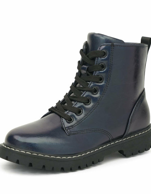 Load image into Gallery viewer, firelli Kids Ankle Boots Navy Side Zipper Lace Up Combat Boots Size 4 US
