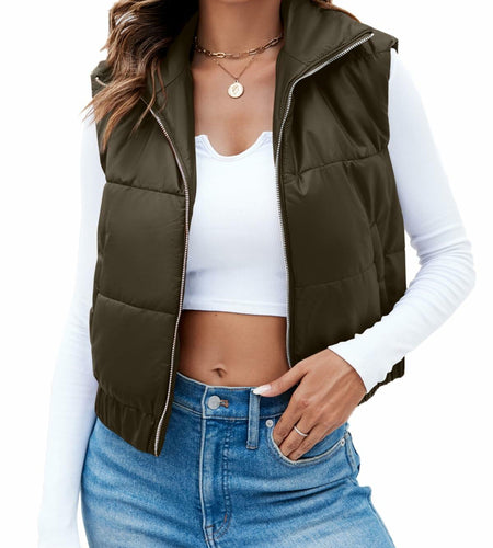 Fisoew Womens Faux Leather Puffer Vest Sleeveless Zip Up Black - Size S